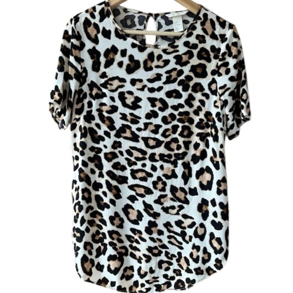 H&M Leopard Print Short Sleeve Blouse Cheetah Print Top Animal Print Tunic